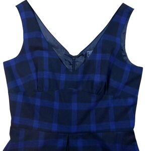 A.P.N.Y. Plaid Dress Jumper V-Neck Sleeveless Fit & Flare Retro Black Blue SZ 12